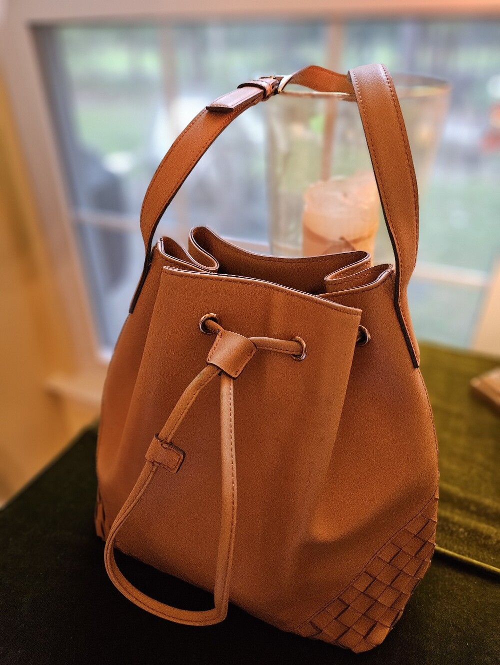 Nine West Cognac Brown Woven Drawstring Bucket Bag Shoulder Purse